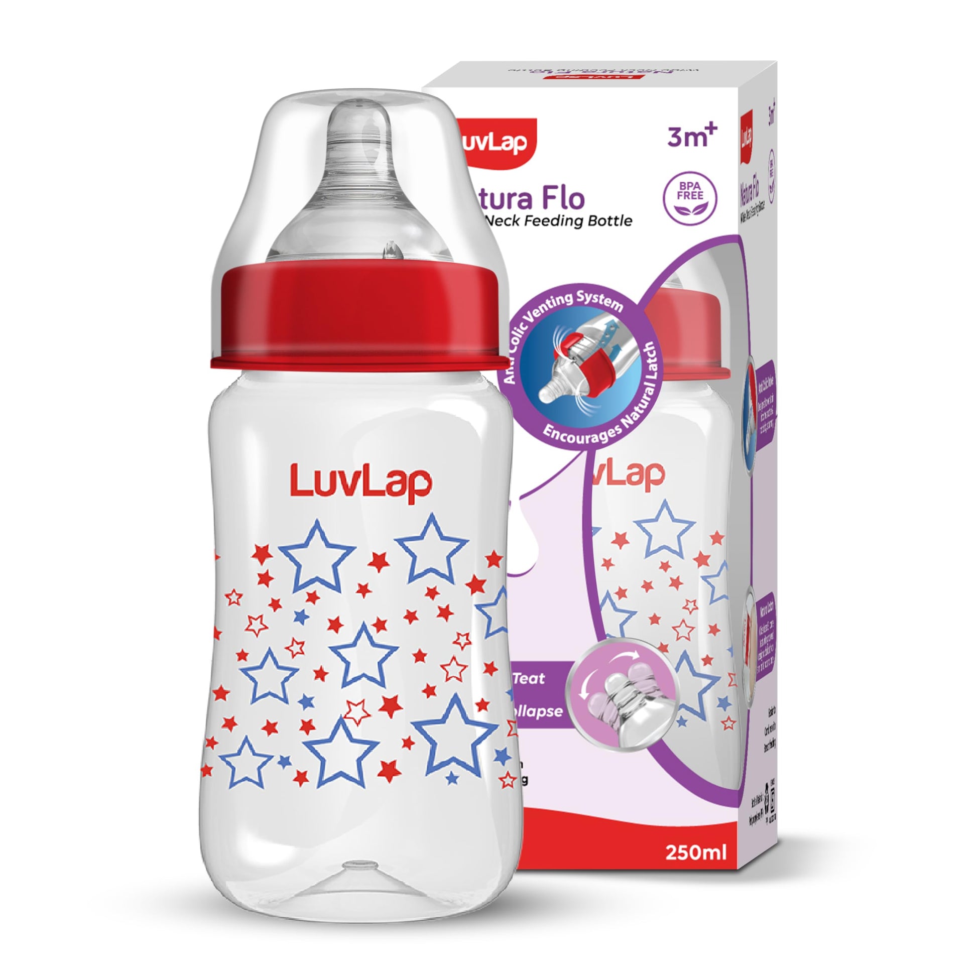 Luvlap AntiColic Wide Neck Natura Flo Baby Feeding Bottle, 250Ml, New Born / Infants / Toddler Upto 3 Years, Stars, Bpa Free
