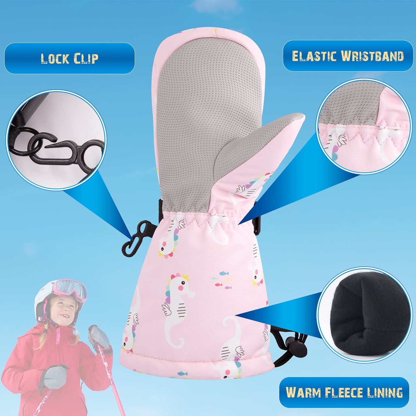 Winter Kids Waterproof Gloves For Boys Girls Snow Ski Toddler Baby Mittens Outdoor For Infant Teens 1-5T (N-Pink Sea Horse, L(4-