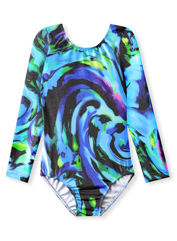 Hoziy Long Sleeve Gymnastics Leotards For Toddler Girls Kids Child 4T 5T Blue Purple Green Black Colorful Oil Painting Swirl Spl