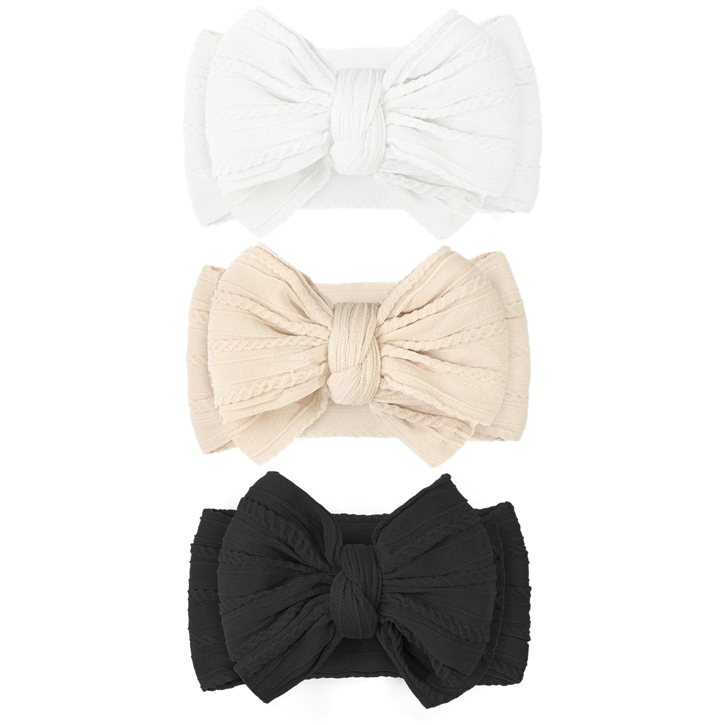 JOYOYO 3 Pcs Soft Wide Turban Baby Headbands with Double-Layer Bow for Baby Girls, Newborns, Toddlers(White, Beige, Black)