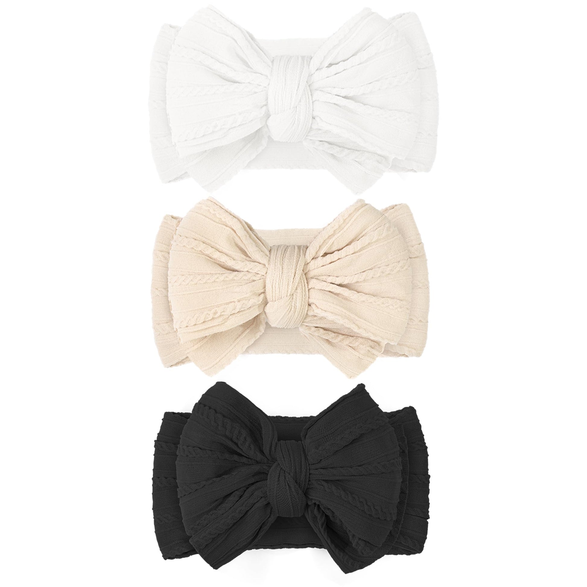 JOYOYO 3 Pcs Soft Wide Turban Baby Headbands with Double-Layer Bow for Baby Girls, Newborns, Toddlers(White, Beige, Black)