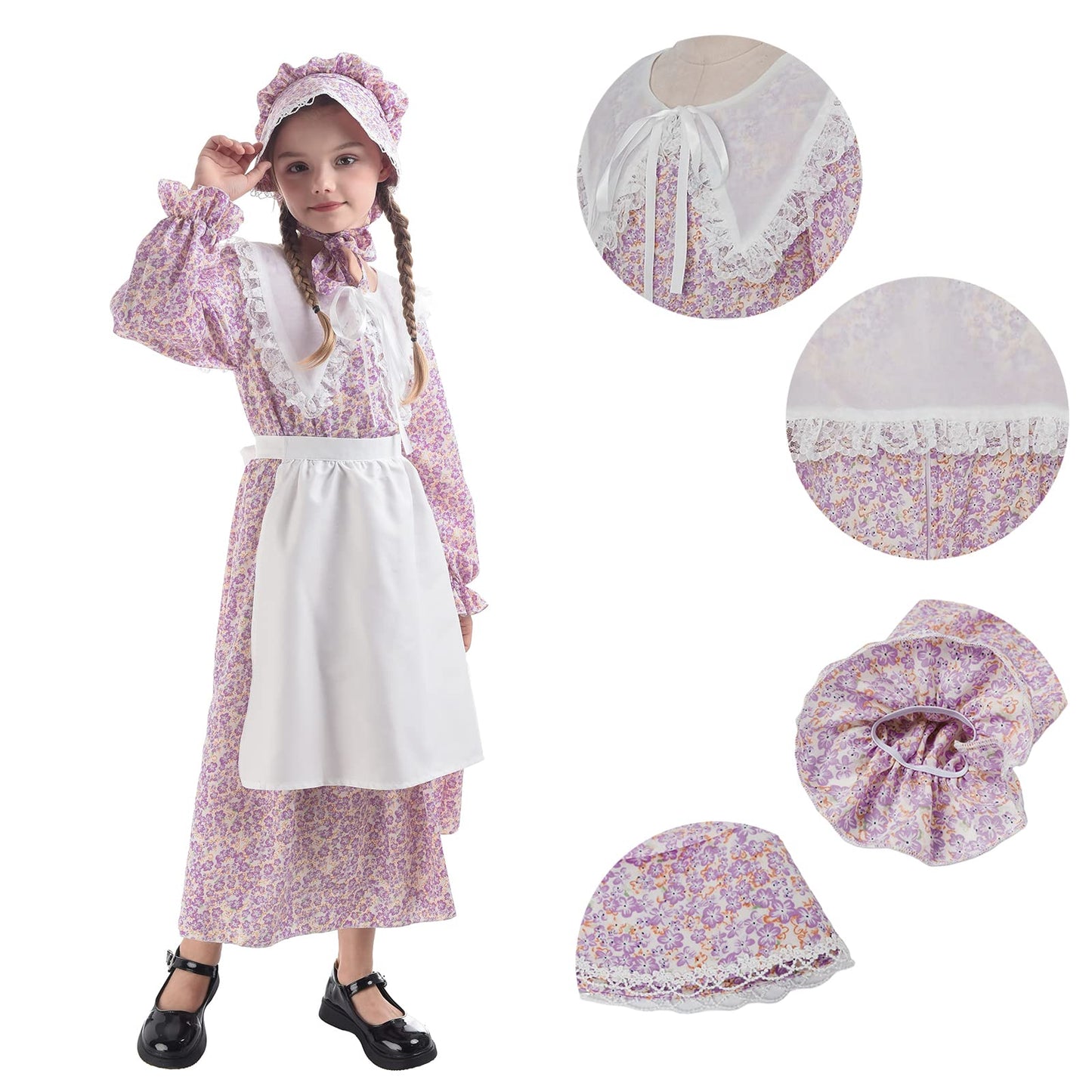 Ltakk Prairie Dresses For Girls Pioneer Colonial Costume Girl Pilgrim Dress With Shawl, Apron And Bonnet, Violet, Small