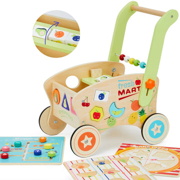 Wooden Baby Walker, Baby Push Walker for 1-3, Toddler Shopping Cart for Girl and Boy Shape Sorting Grocery Cart Push & Pull Toy 
