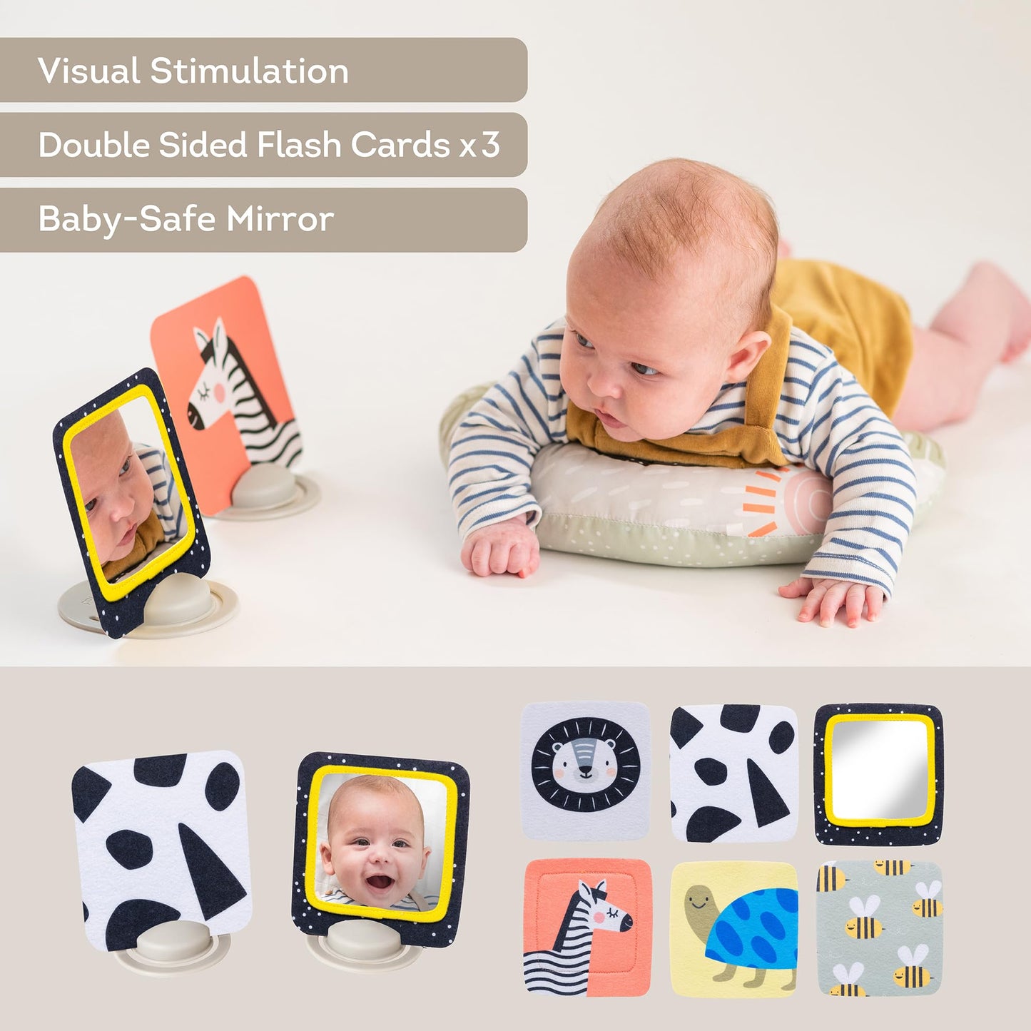 Taf Toys Tummy Time Set With Ergonomic Cushion, Double-Sided High Contrast Black & White Flash Cards & Mirror Card, Developmenta