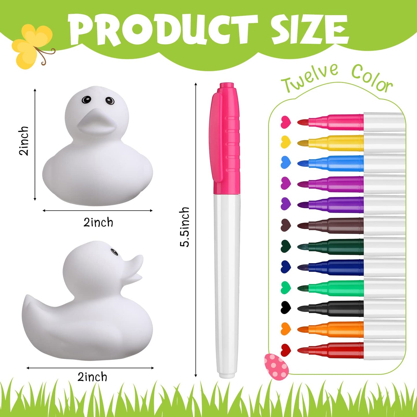 Jerify 12 Pcs 2 Inch White Blank Rubber Ducks Creative Rubber Ducks with Pens of 12 Colors for Pool Bathtub Float Cute Easter DI