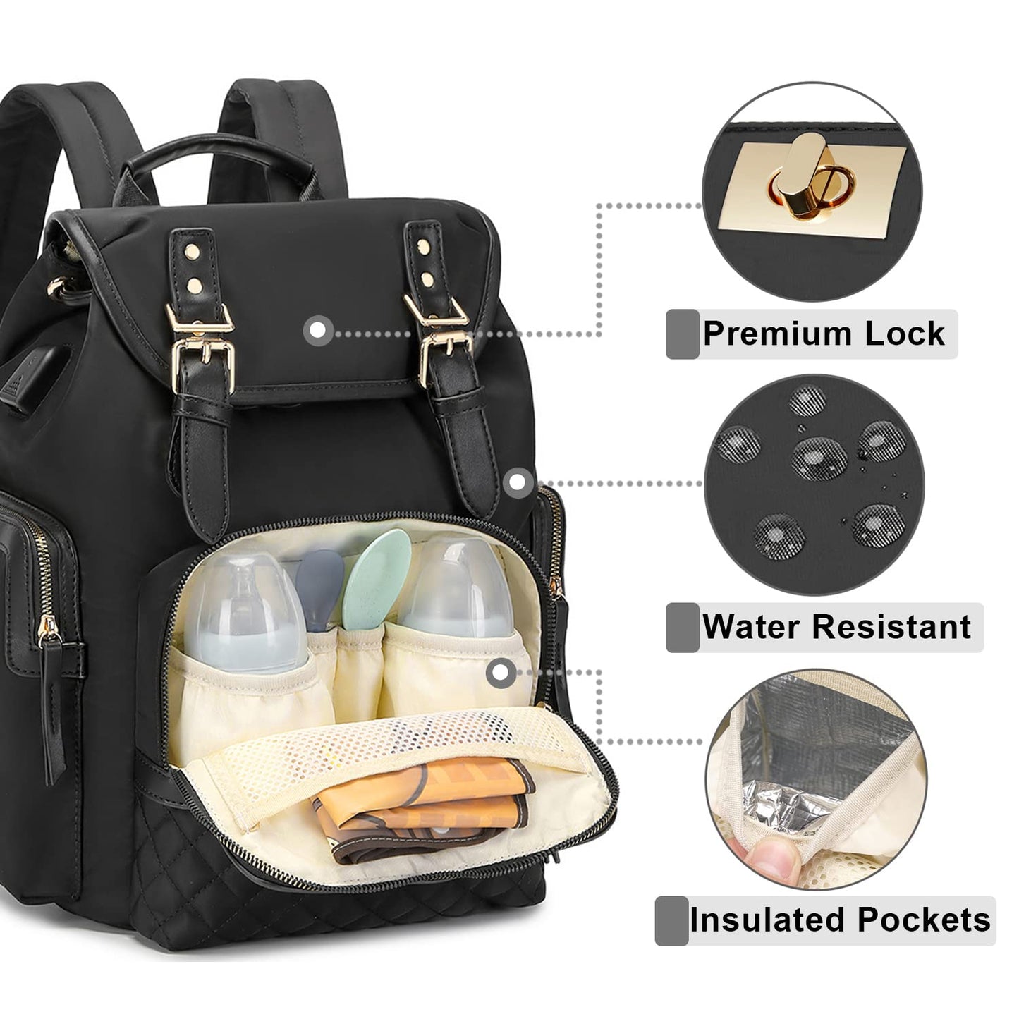 Terzini Bear Diaper Bag Backpack, Diaper Bags For Baby Boy Girl With Usb Charging Port,Changing Mat,Stroller Hooks (Black)