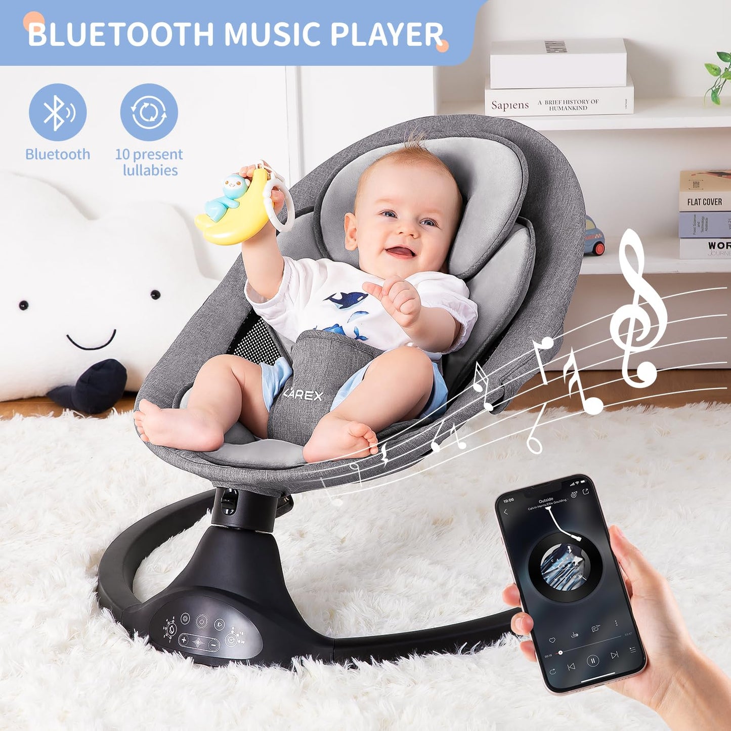 LAREX Baby Swing Infant Swing Electric Toddler Baby Rocker Portable for Newborn Boy Girl, 5 Sway Speeds with Remote Control, 10