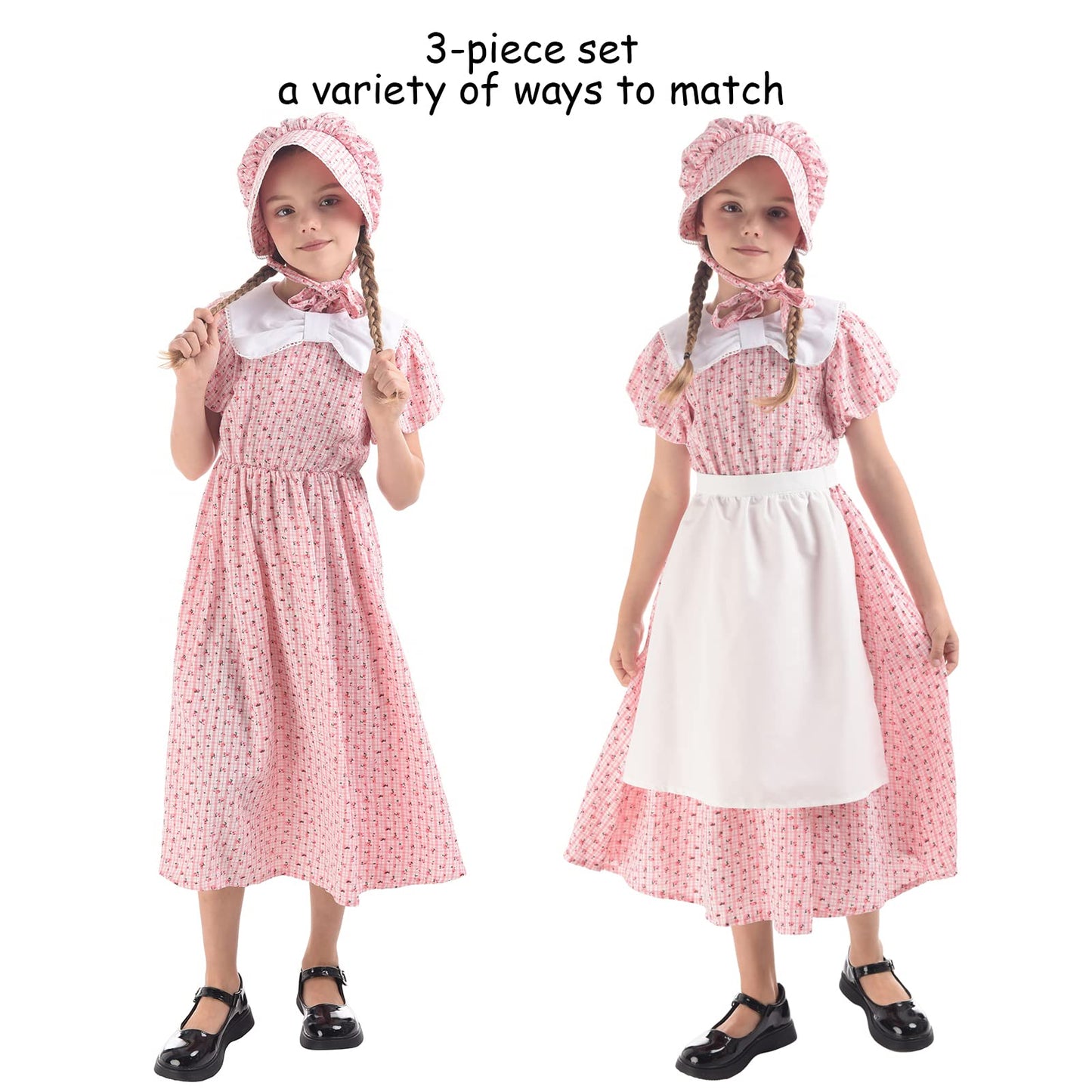 Ltakk Prairie Dresses Girls Pioneer Colonial Costume Girl Pilgrim Dress With Apron And Bonnet, Pink Plaid Floral, X-Large, Age O