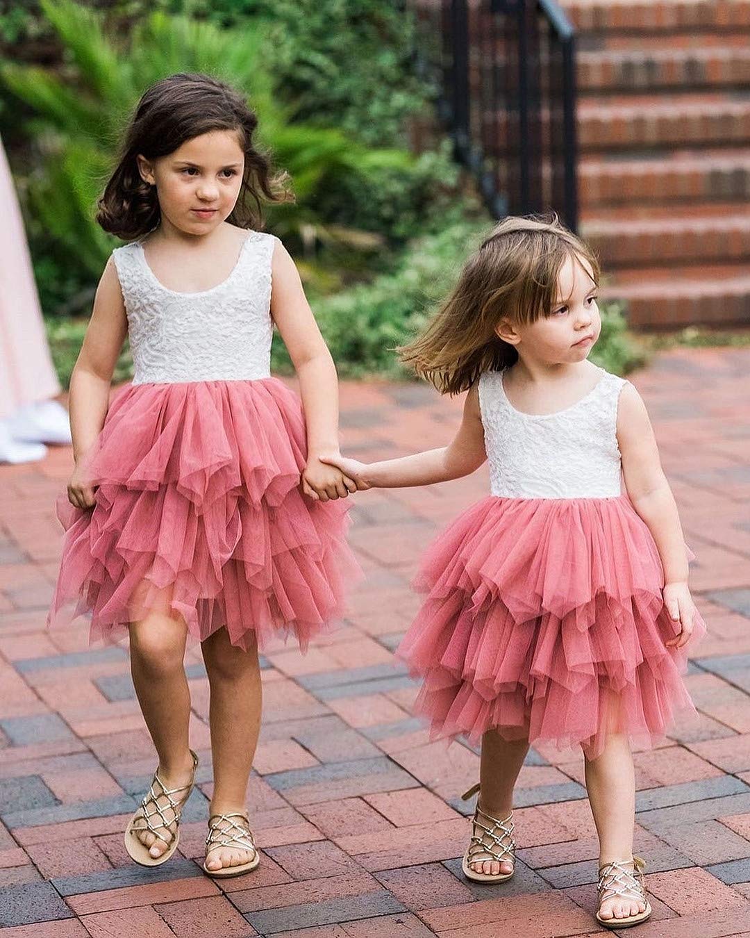 2Bunnies Girl Peony Lace Back A-Line Tiered Tutu Tulle Flower Girl Dress (Dusty Rose Sleeveless Short, 9-10Yrs)