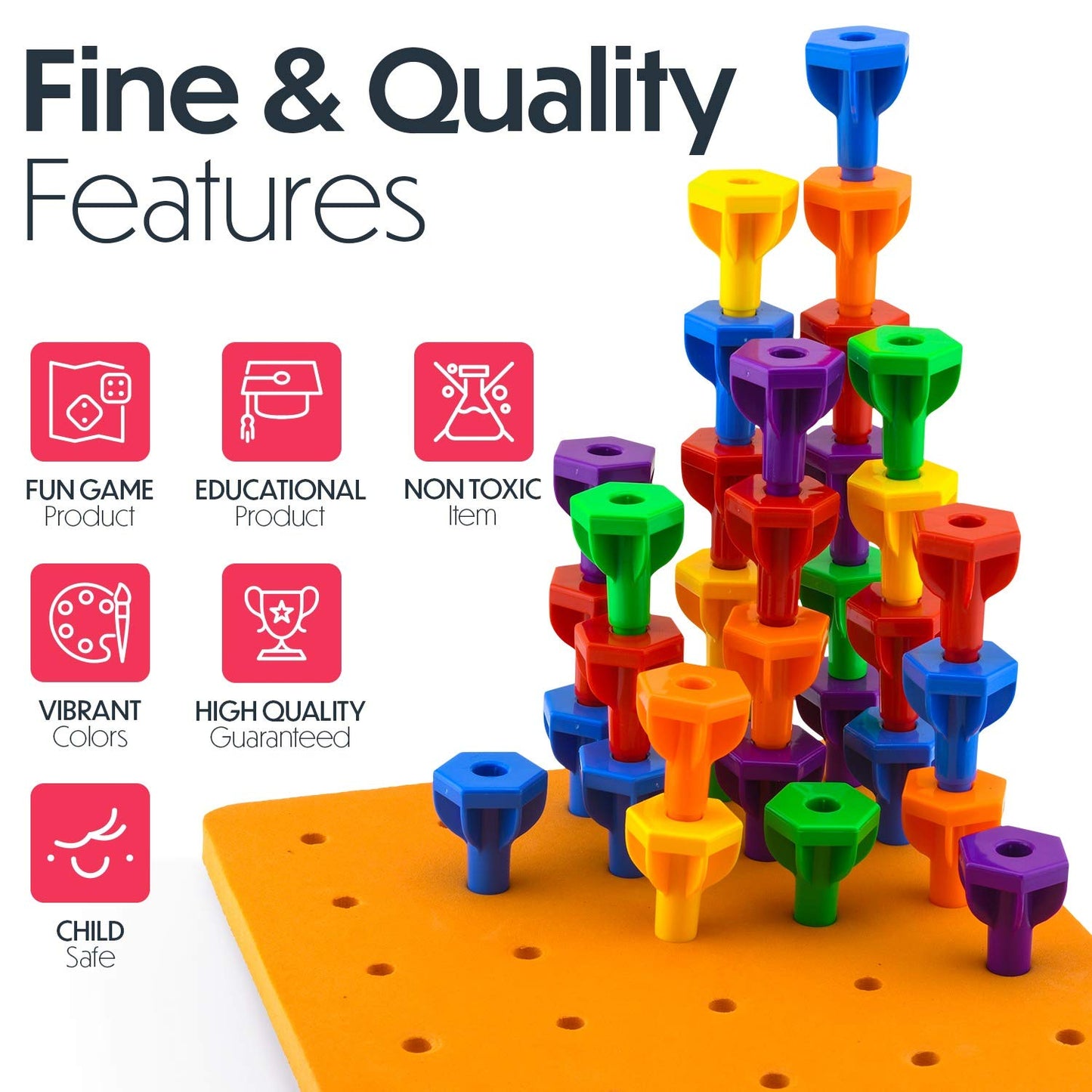 Pegs Board Game Set Jumbo Pack | 48 Pegs + 2 Boards & Storage Bag W/Handle Easy to Carry. for Motor Skills Sorting Counting Colo
