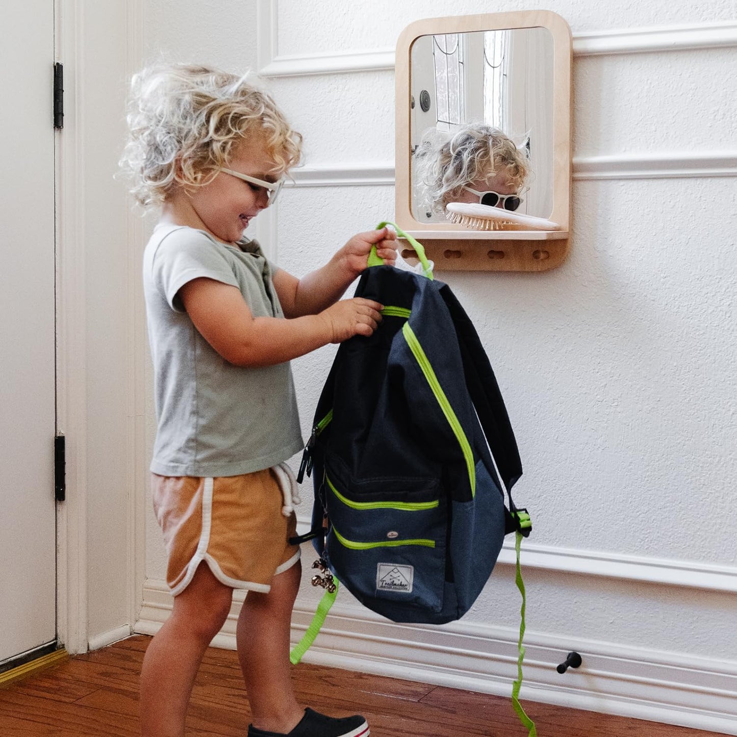 Montessori Wooden and Acrylic Wall Mirror with Hooks for Toddlers - Entryway Mirror with Hooks and Shelf Organizer Self-Care Sta