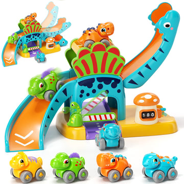 Lehoo Castle Toys for 1 Year Old Boys, Dinosaur Slide with 4 Mini Push Cars for Baby 12-18 Months, Infant Play Vehicle Set, Educ