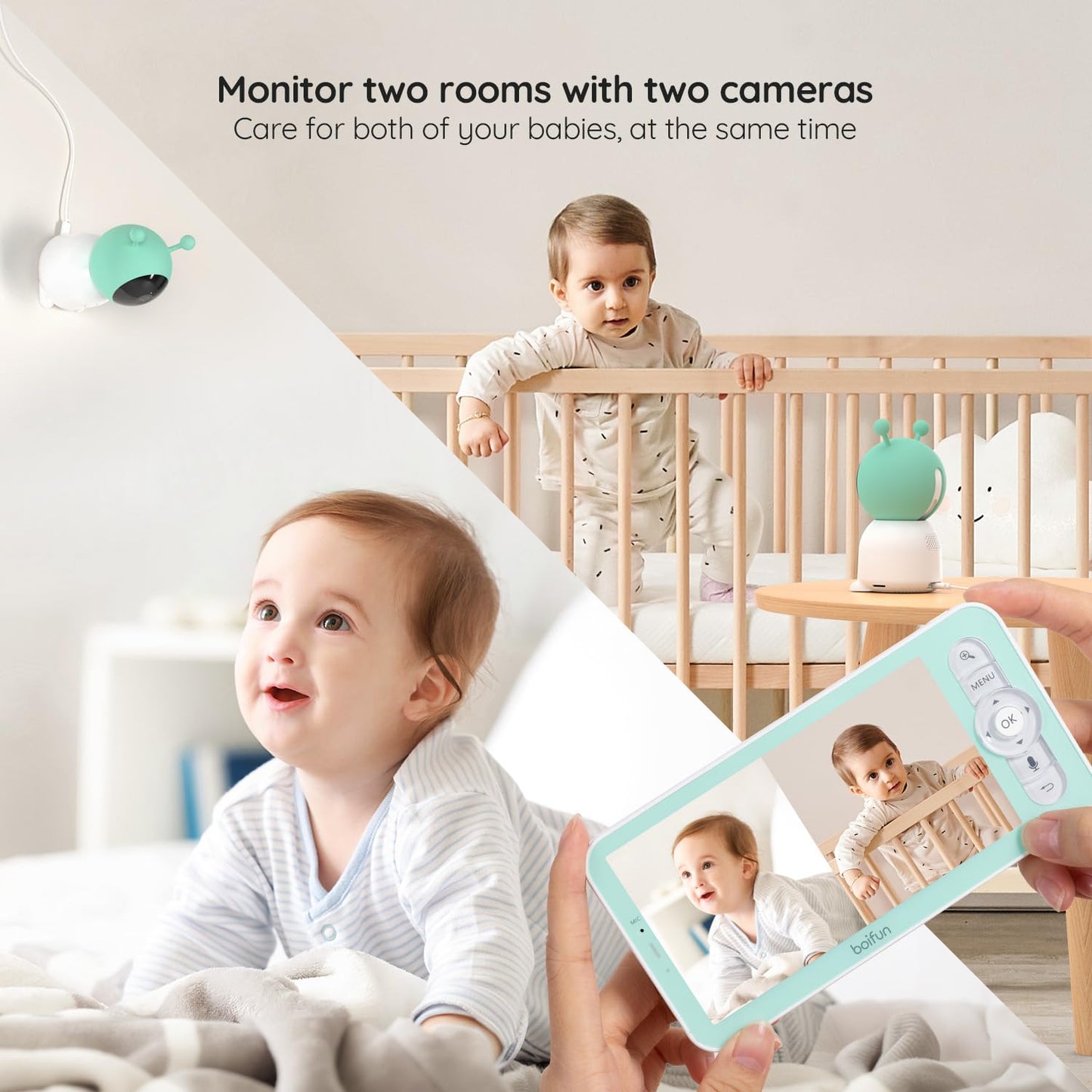 Boifun 2K Split-Screen 5 Inch Wi-Fi Baby Monitor With 2 Cameras, Colorful Night Light, Ai Motion & Sound & Humidity & Temp Detec