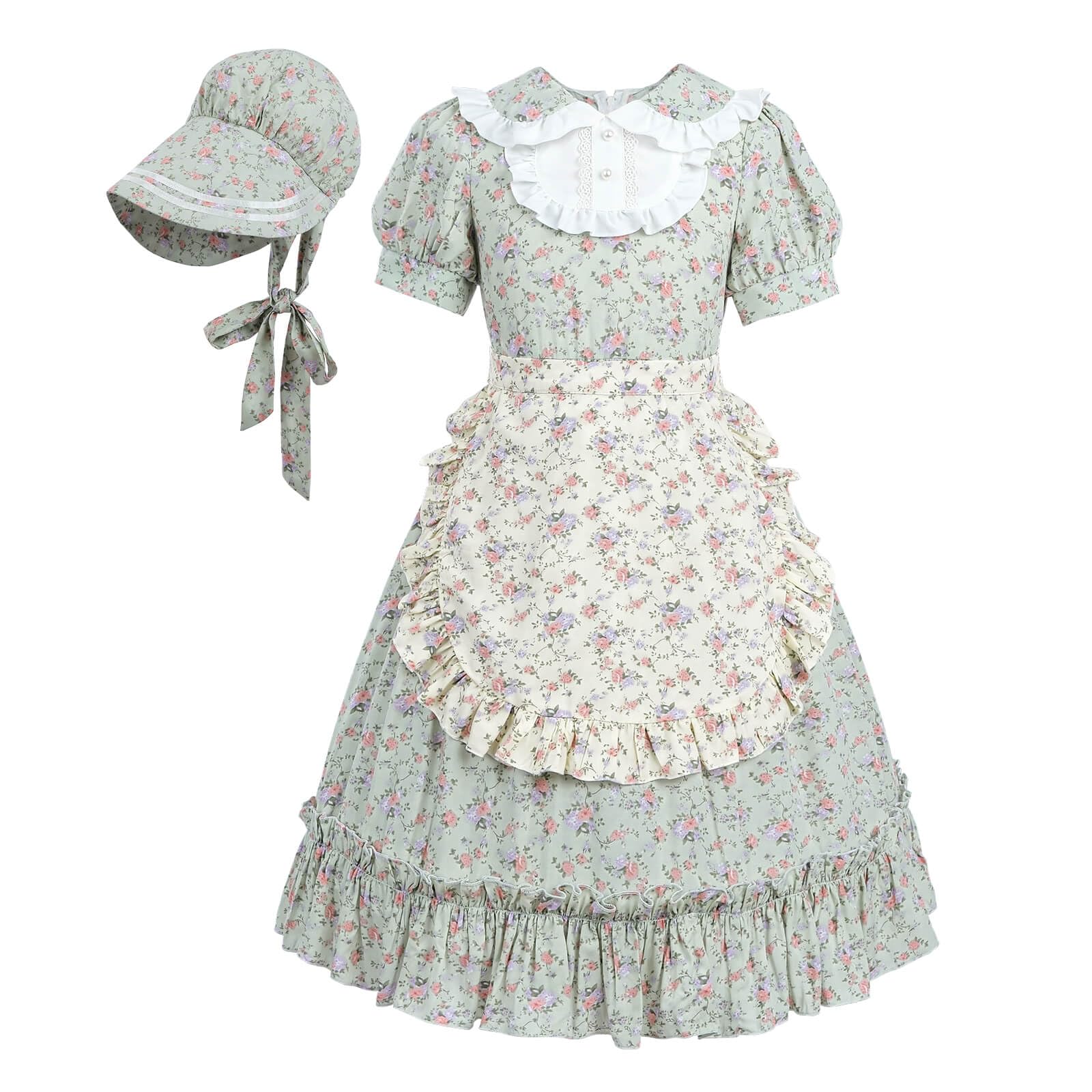 Nuoqi Prairie Dresses For Girls, Green Laura Ingalls Wilder Costume Pioneer Colonial Dress With Yellow Apron, 8-9
