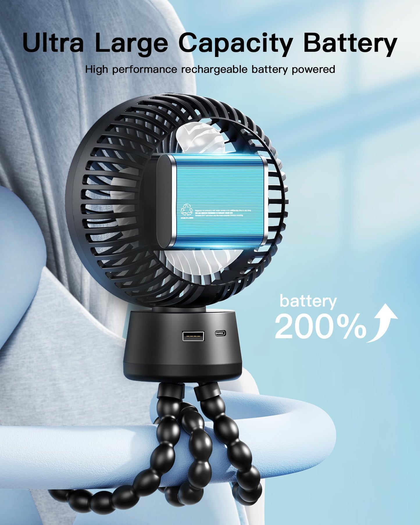 Auto-Swing Portable Stroller Fan, Rechargeable Baby Stroller Cooler With Max 47 Hours Runtime, Ultra-Quiet Clip On Fan With 120