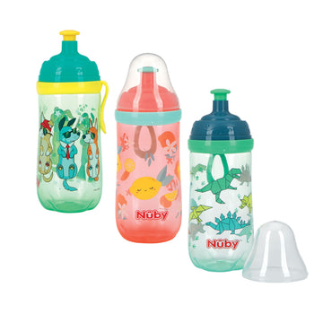 Nuby 2-Stage Busy Sipper Cup With No-Spill Silicone Spout And Free-Flow Pop-Up, 12 Ounce,Assorted( Colors/Designs May Vary), 6M+