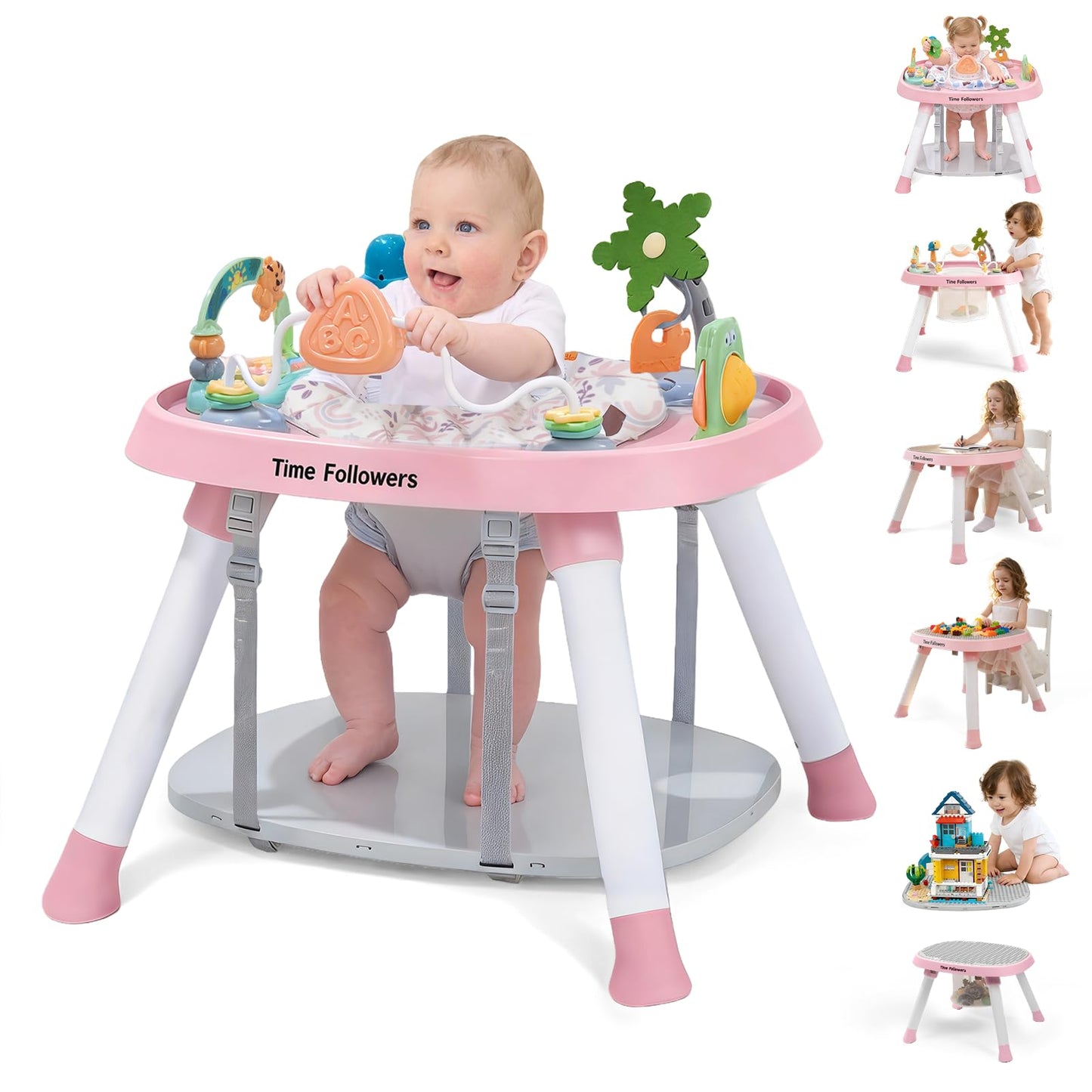 Time Followers 6-in-1 Baby Activity Center | 4 Stage Montessori-Inspired Toys | Grow Stationary Standing Toddler Table | Jumpers