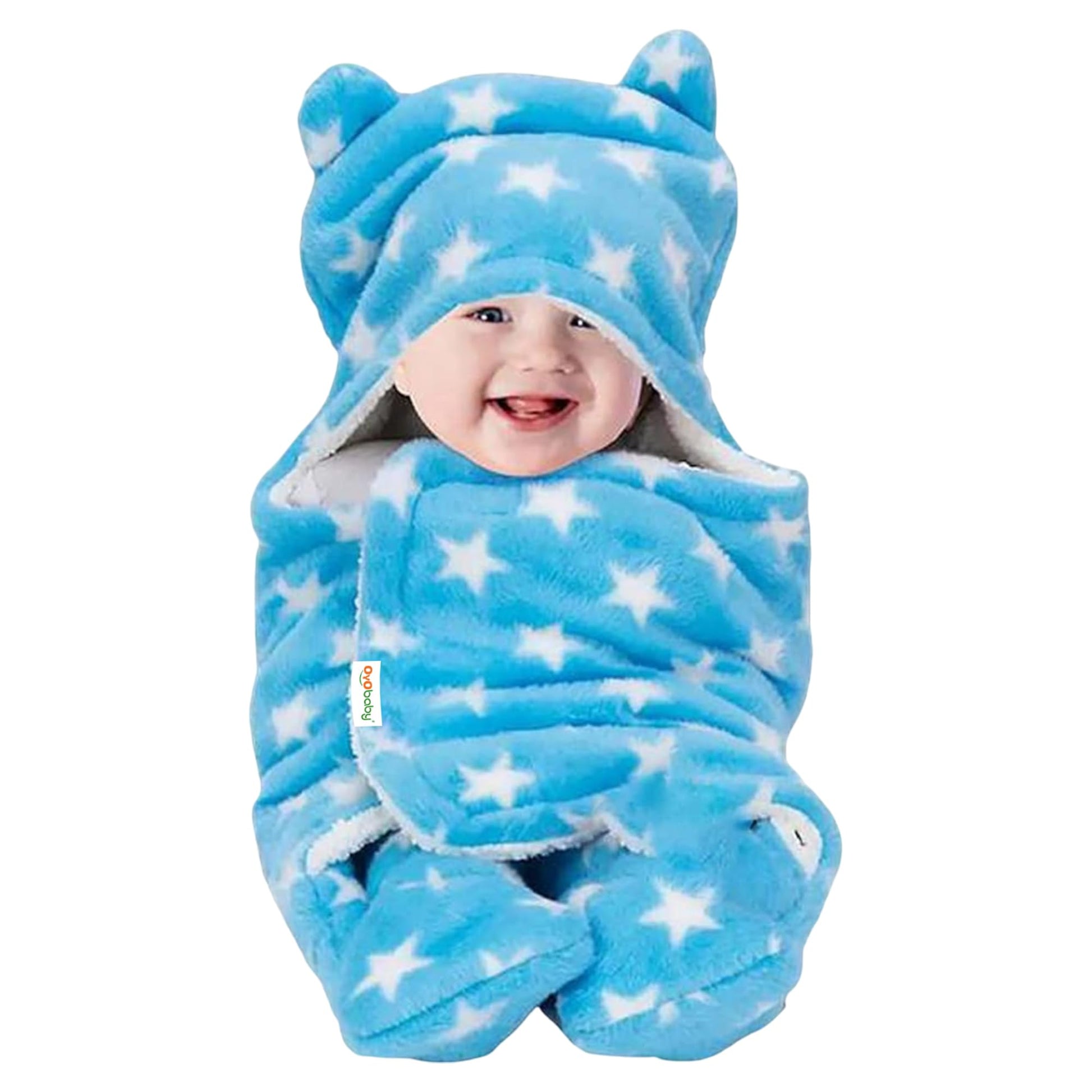 Oyo Baby UltraSoft Star Print Swaddle Wrap Blanket With Hood & Booties  Blue, 06 Months | Warm Sleeping Bag & Wearable Swaddl