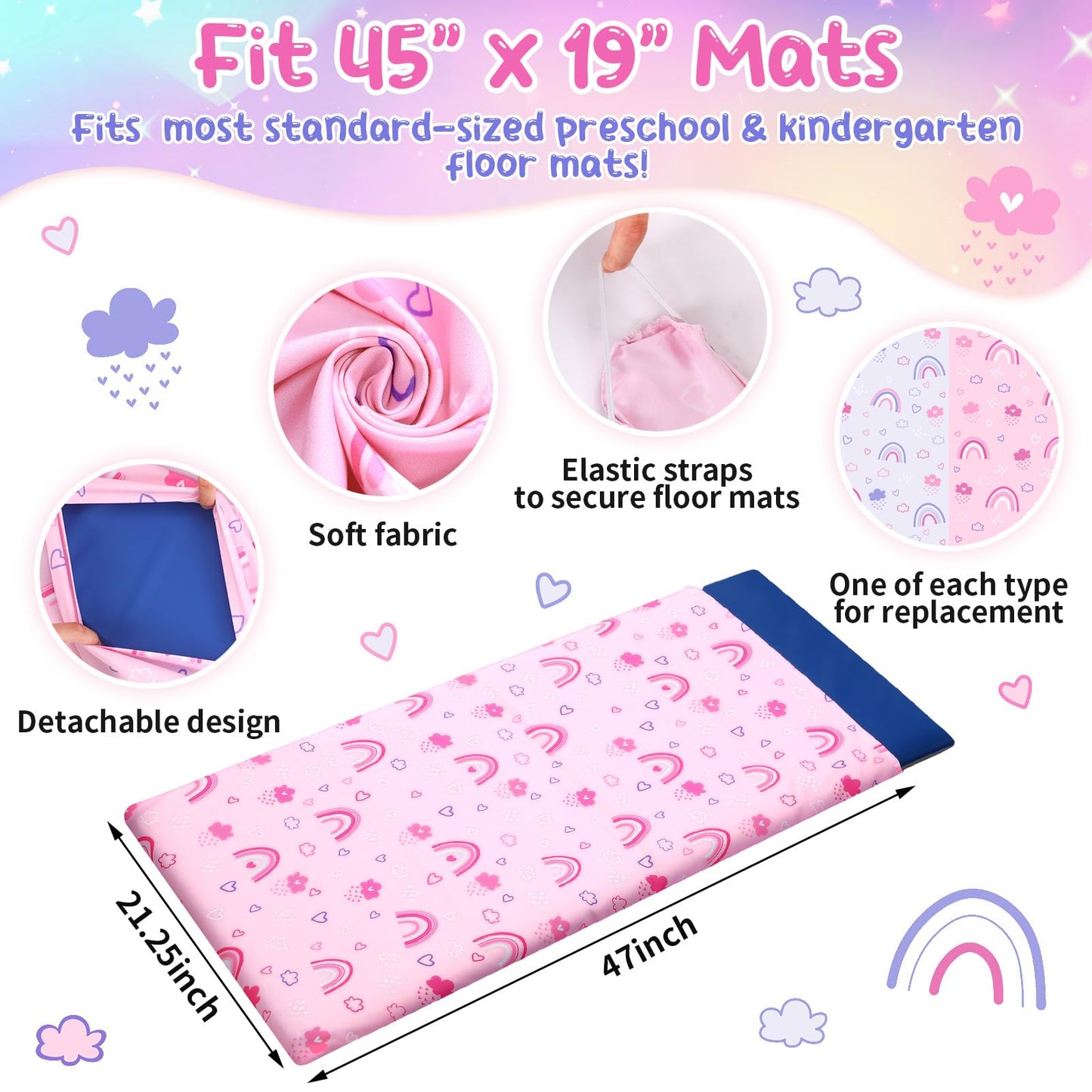 CroBlissful 2 Pcs Nap Mat Cover for Toddler Sheet 47 x 21 Inch Kids Nap Mat Covers Daycare Sewn in Flap Design Pastel Sleeping M