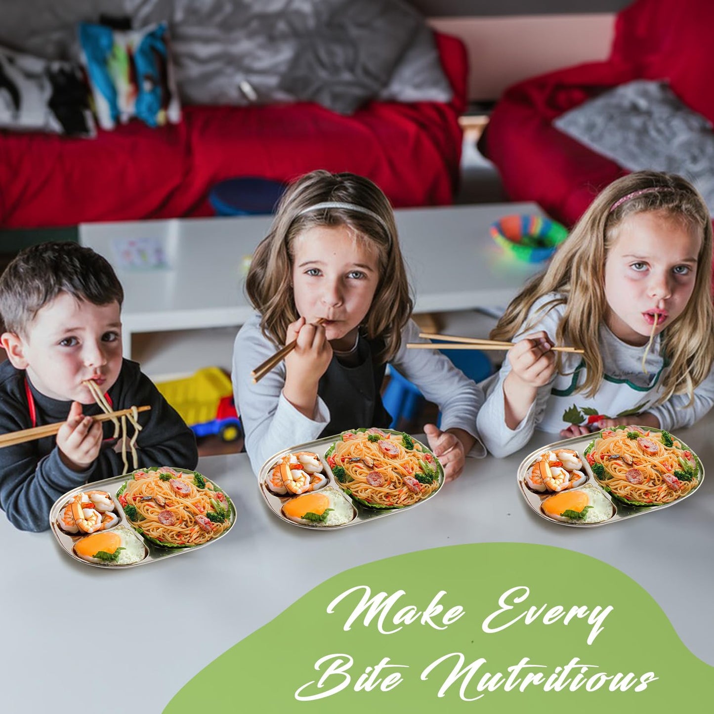 Stainless Steel Kids Plates With 3 Compartment, Toddlers Divided Dinner Plates, Breakfast Lunch Baby Dishes, Microwave & Dishwas