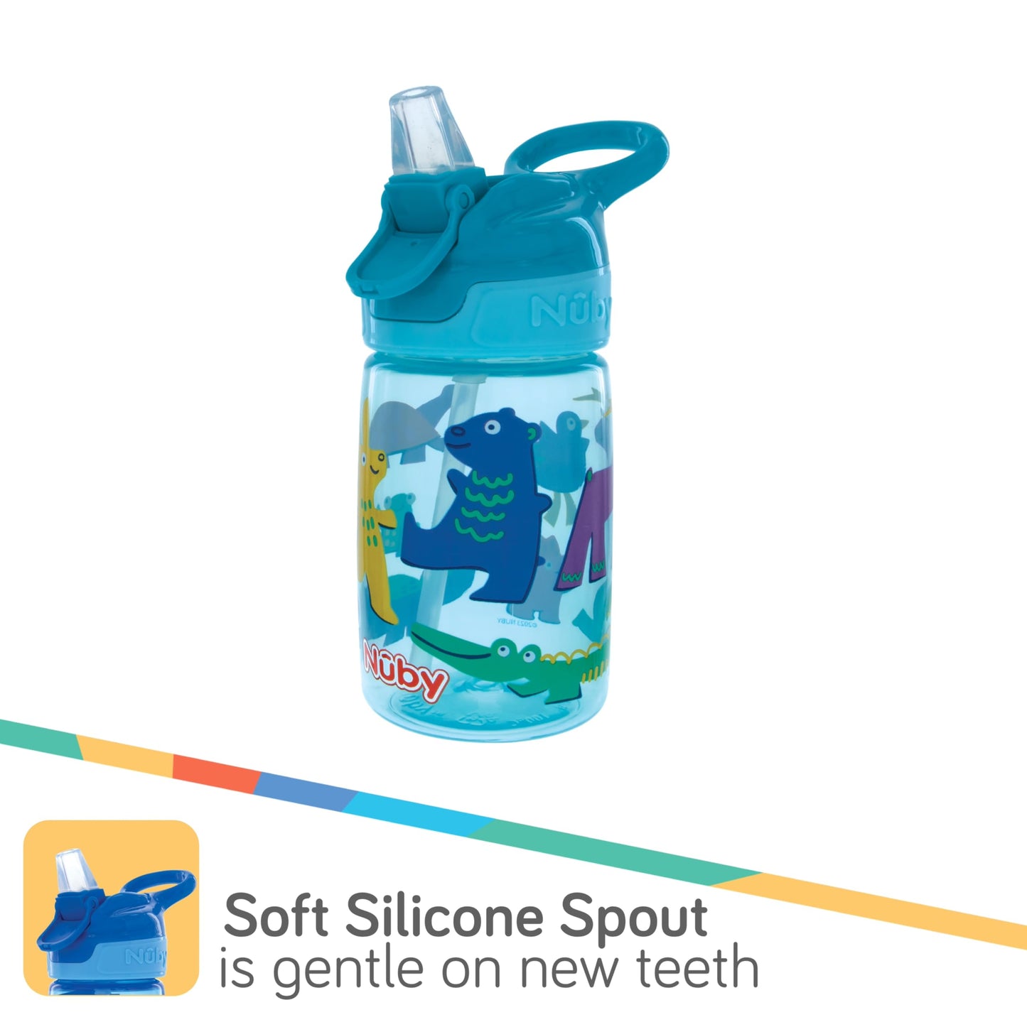 Nuby Kids Flip-It Reflex Push Button On-The-Go Printed Water Bottle With Soft Spout - 12Oz / 360Ml, 18+ Months, 1Pk Print May Va