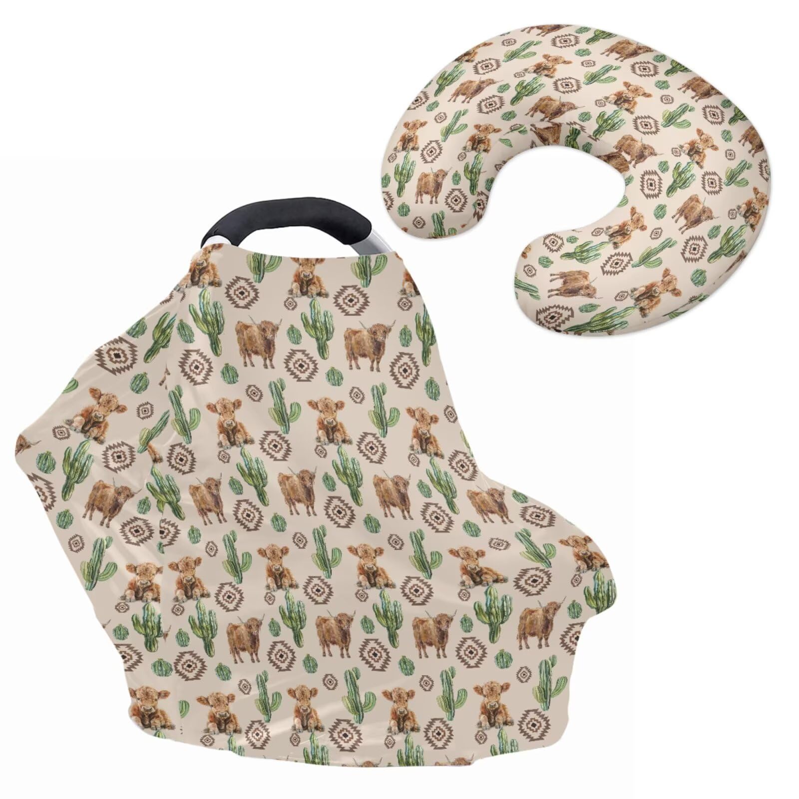 Nursing Carseat Canopy Pillowcase Breastfeeding Cover for Infant Girl & Boy, Highland Cow Cactus Stretchy Car Seat Covers for Ba
