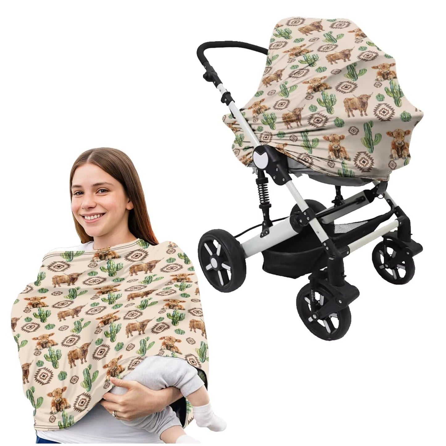 Nursing Carseat Canopy Pillowcase Breastfeeding Cover for Infant Girl & Boy, Highland Cow Cactus Stretchy Car Seat Covers for Ba