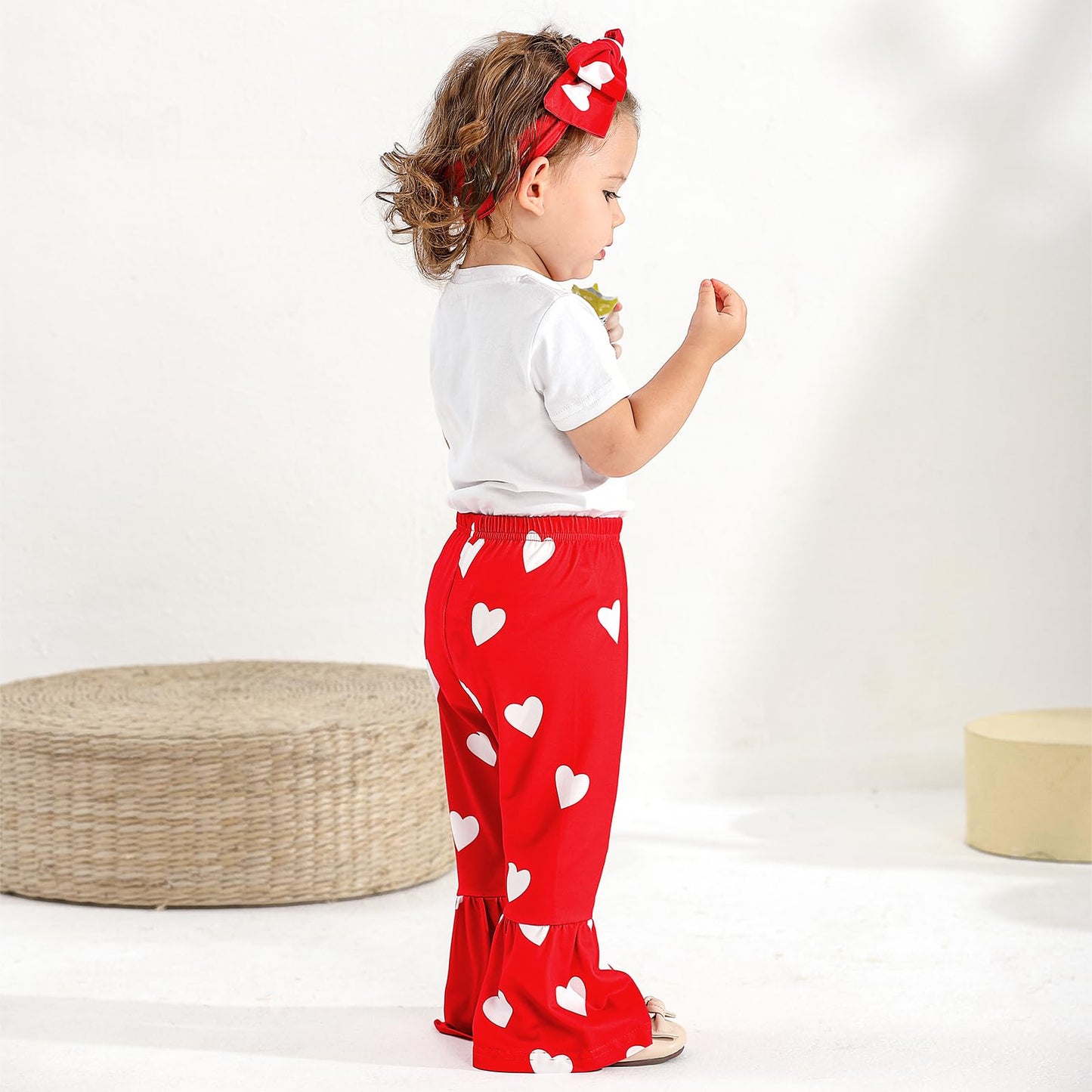 Ninobebe Toddler Girl Valentines Day Outfit Love Heart T-Shirt Bell Bottom Pants Headband 3Pcs Summer Clothes Set 5-6T