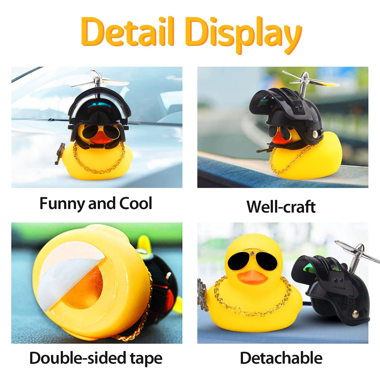 wonuu Rubber Duck Car Ornaments Cool Yellow Duck Car Dashboard Decorations Squeaky Glasses Duck with Propeller Helmet for Car cc