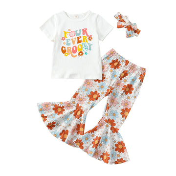 Toddler Baby Girl 4Th Birthday Outfit Four Ever Groovy Short Sleeve Shirts Floral Bell Bottom Pant Headband