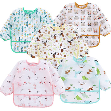 Pandaear 5 Pack Long Sleeve Bibs| Waterproof Full Bib With Sleeves For Babies Infant Toddler 6-24 Months| Mess Proof Baby Smock