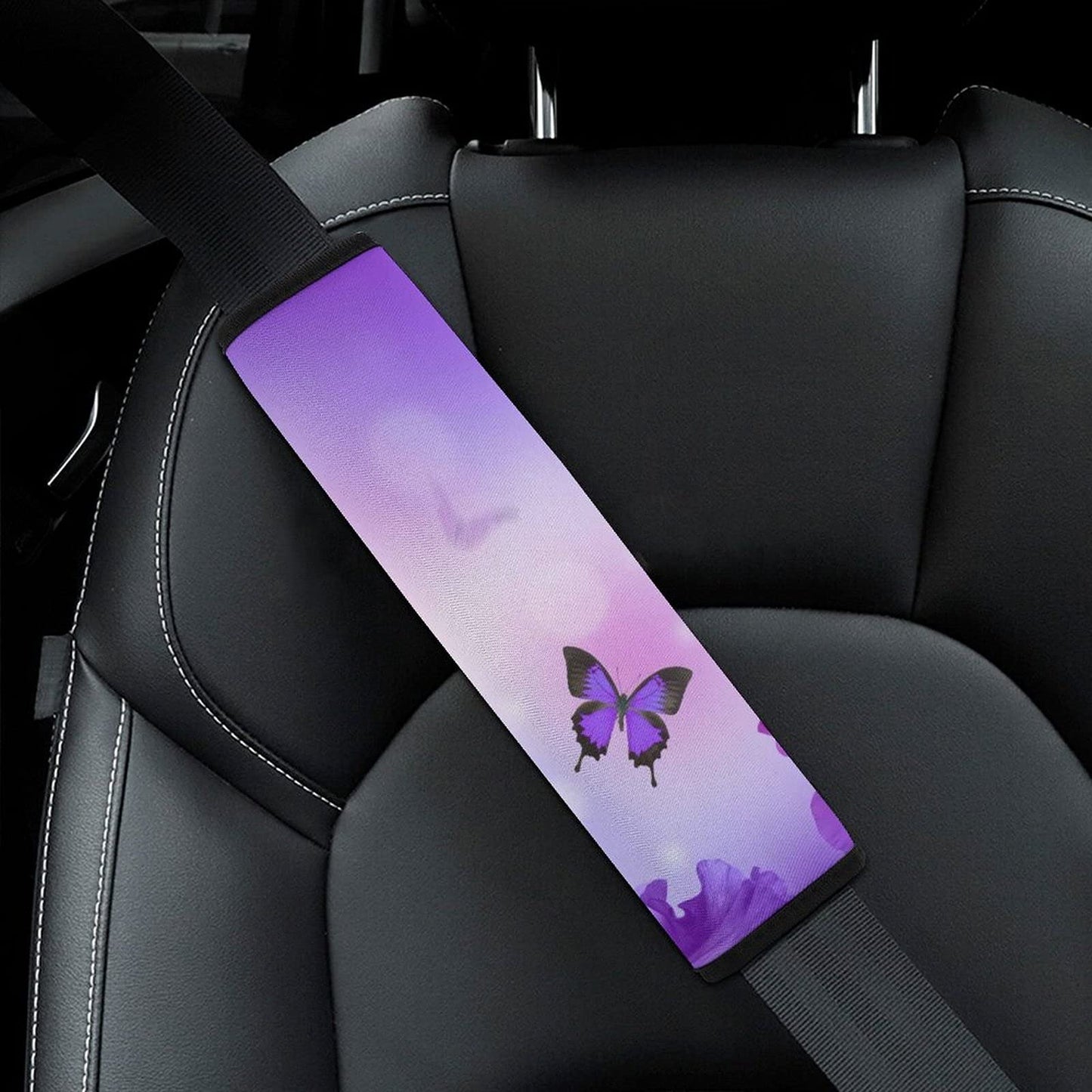 Bagea-Ka 2 Pack Car Seat Belt Pad Cover Butterfly On Purple Flowers Pattern For Adults Kids, Universal Soft Safety Belt Shoulder