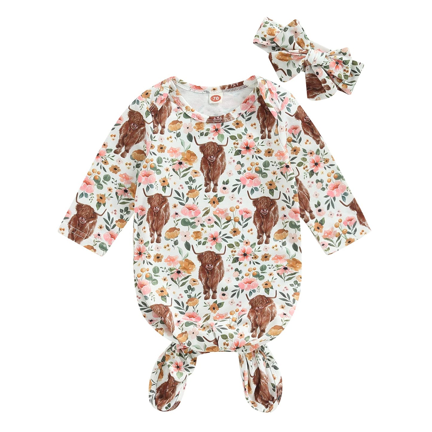 Ciycuit Baby Girl Boy Highland Cow Floral Print Gowns Newborn Coming Home From Hospital Outfit Western Clothes 0-6 Months