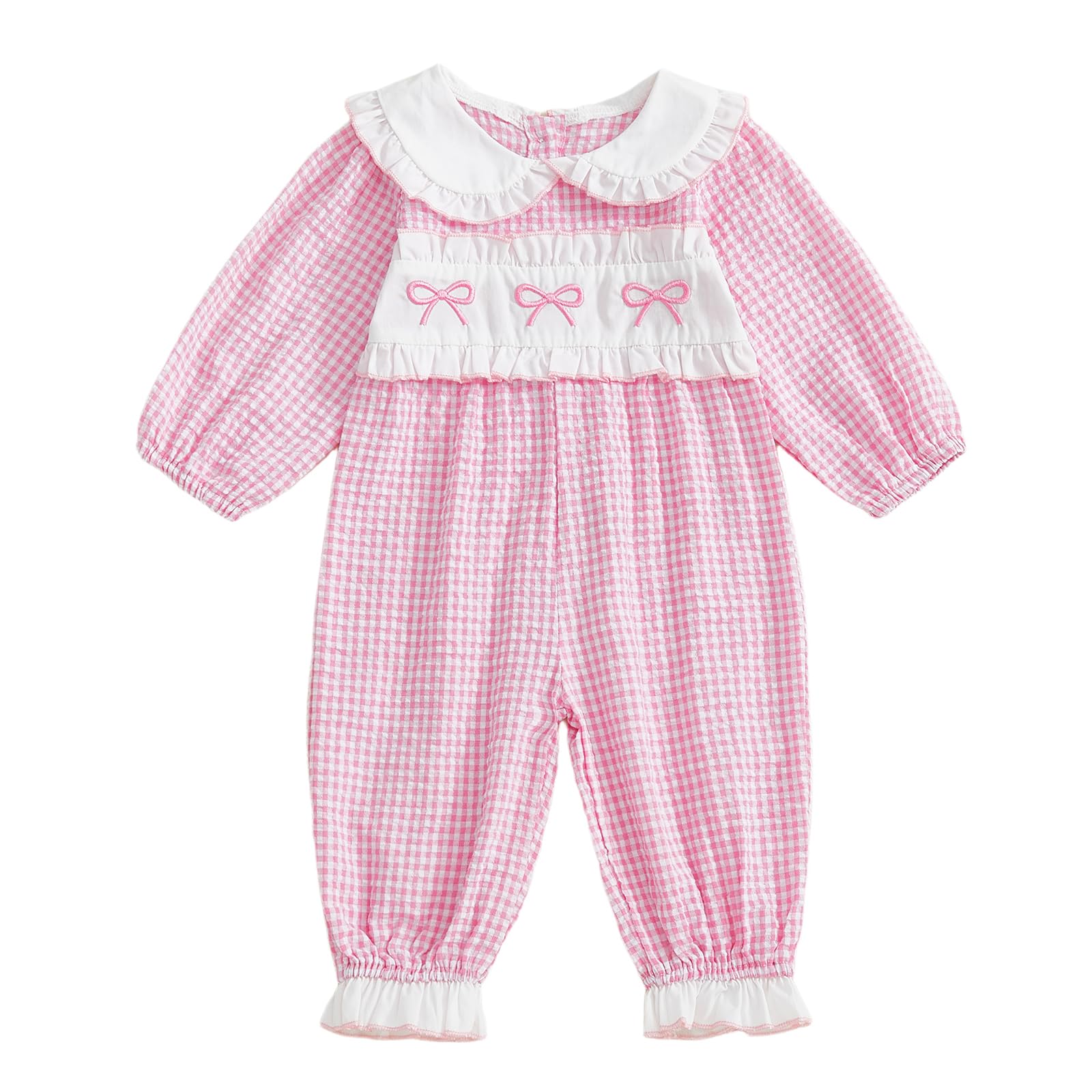 Seyurigaoka Newborn Baby Girl Fall Clothes Bow Gingham Smocked Romper Long Sleeve One Piece Going Home Outfits (Pink, 6-12 Month