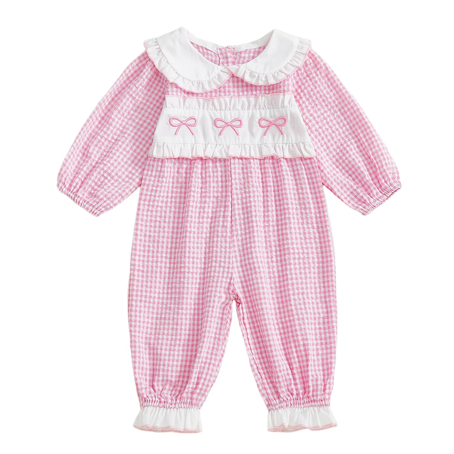 Seyurigaoka Newborn Baby Girl Fall Clothes Bow Gingham Smocked Romper Long Sleeve One Piece Going Home Outfits (Pink, 3-6 Months
