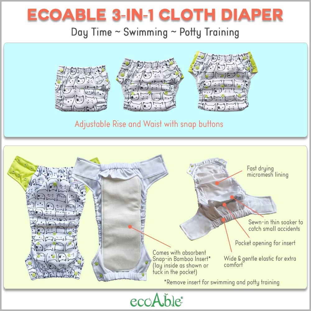 Hybrid Cloth Diaper - Reusable Training Pants, Swim Diaper, Special Needs Briefs, Fits From Baby Up To 10 Years (Size 3, Navy Bl