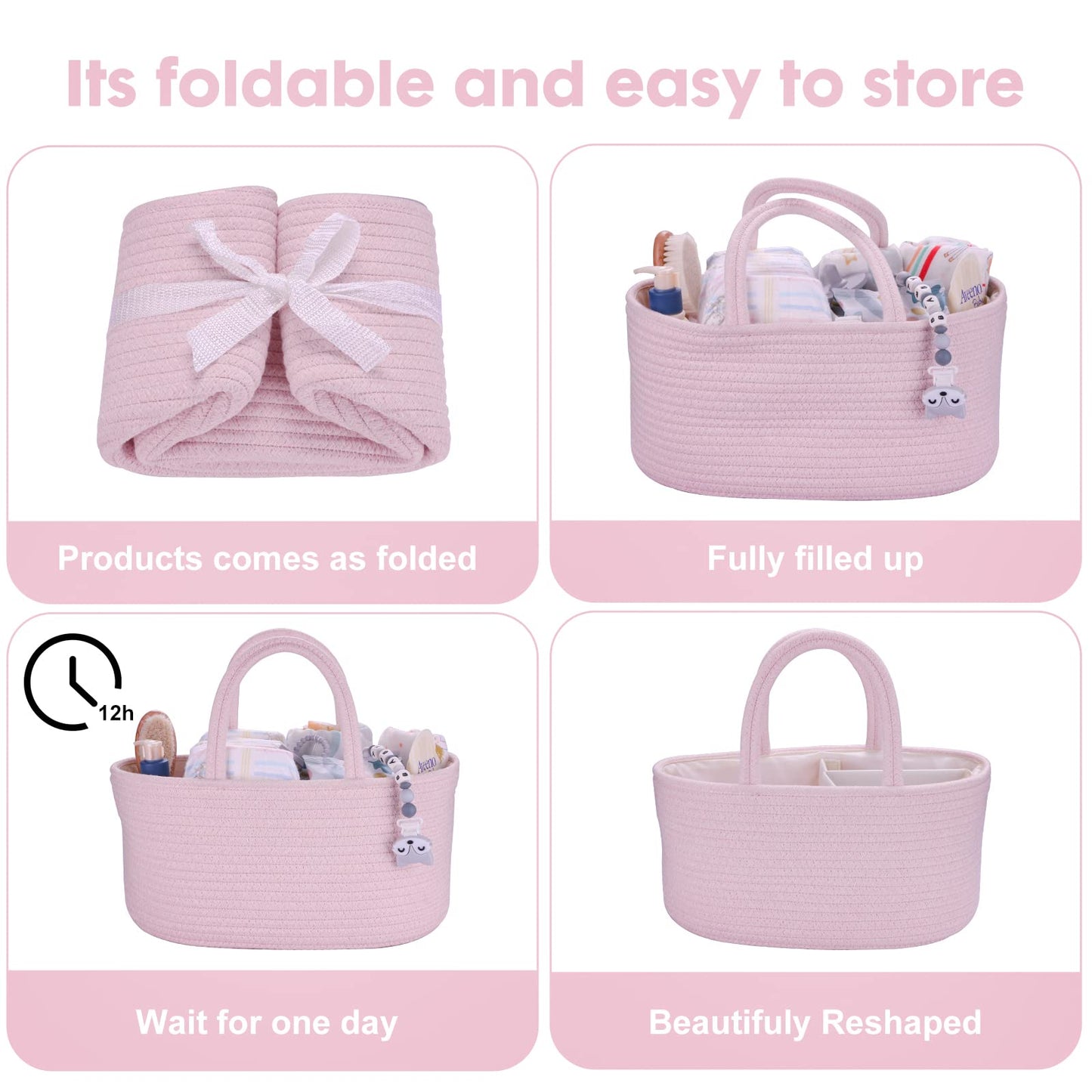 Baby Diaper Caddy Organizer for Girl Boy Rope Nursery Storage Bin Basket Portable Holder Tote Bag for Changing Table Car Travel