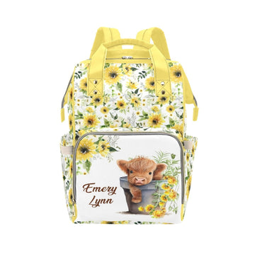 Workvalor Personalized Diaper Backpack for Mom, Custom Highland Cow Sunflower Diaper Bag with Name Customized Nappy Bags Travel 