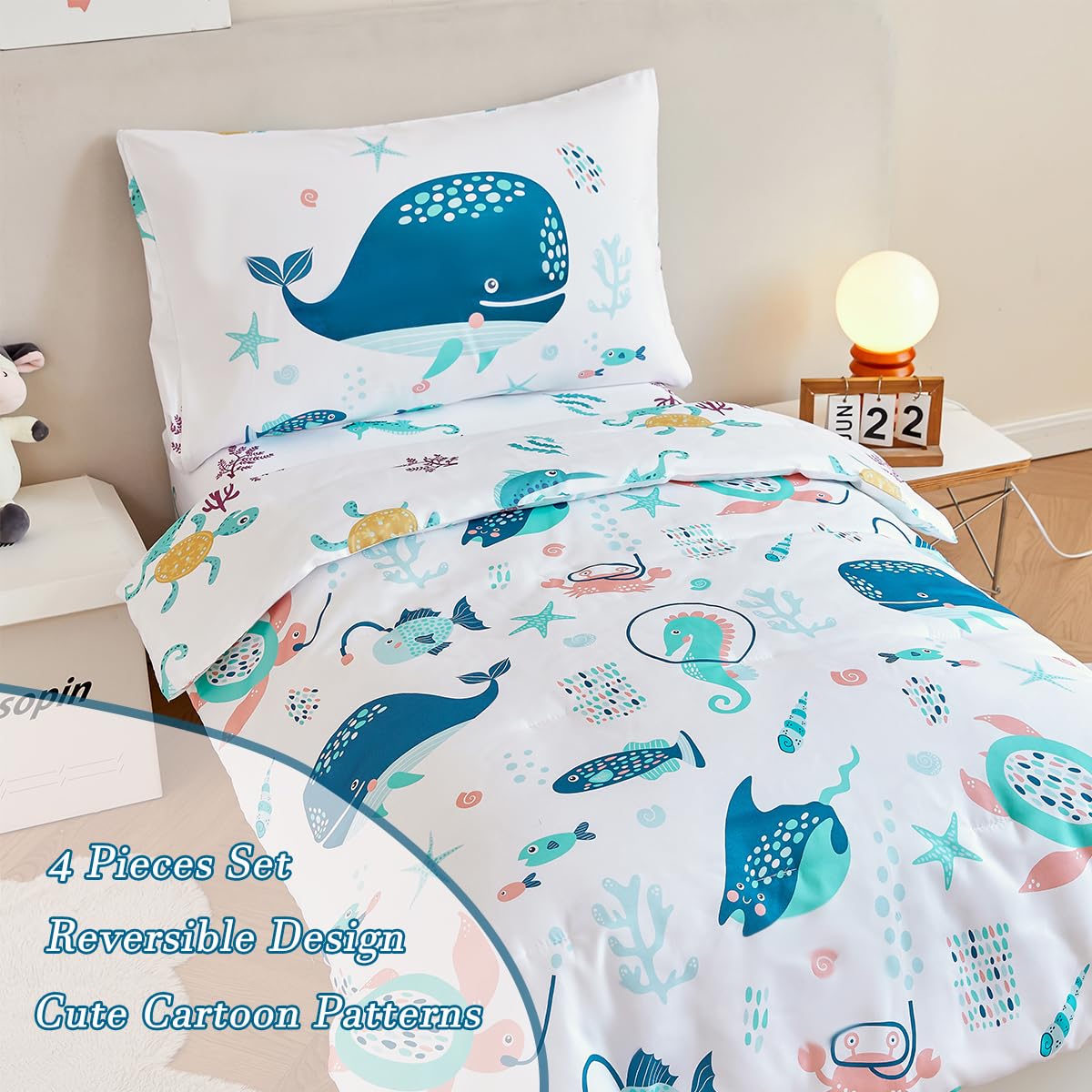 Perfemet 4 Pcs Toddler Bedding Set Ocean Themed Toddler Comforter For Girl Soft Reversible Under Sea Animals White Toddler Bed I