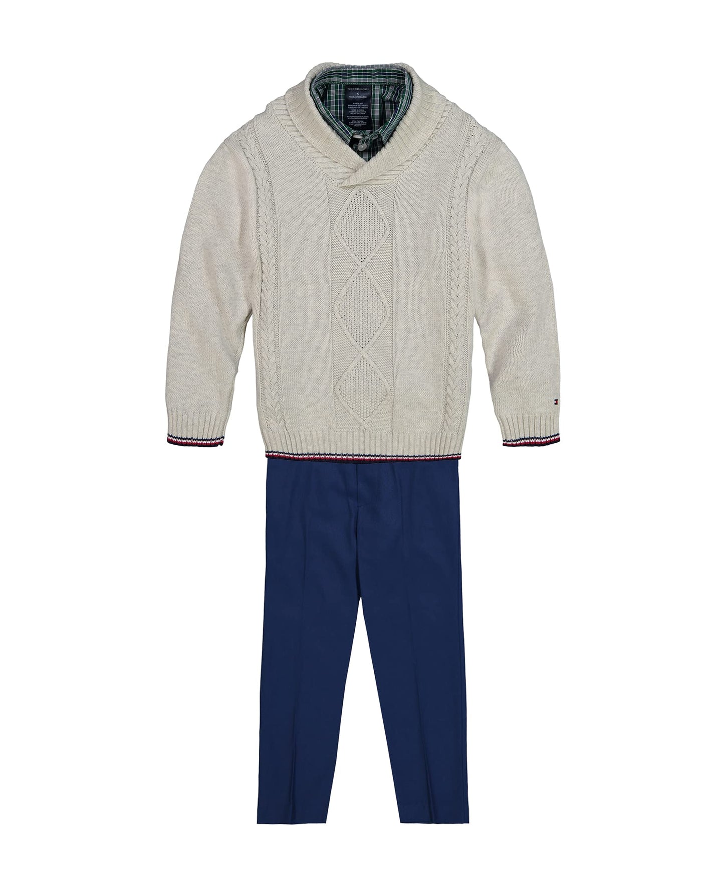 Tommy Hilfiger Boys' 3-Piece Sweater Set, Matching Button-Down Shirt, Sweater & Pants, Oatmeal Plaid, 0-3 Months