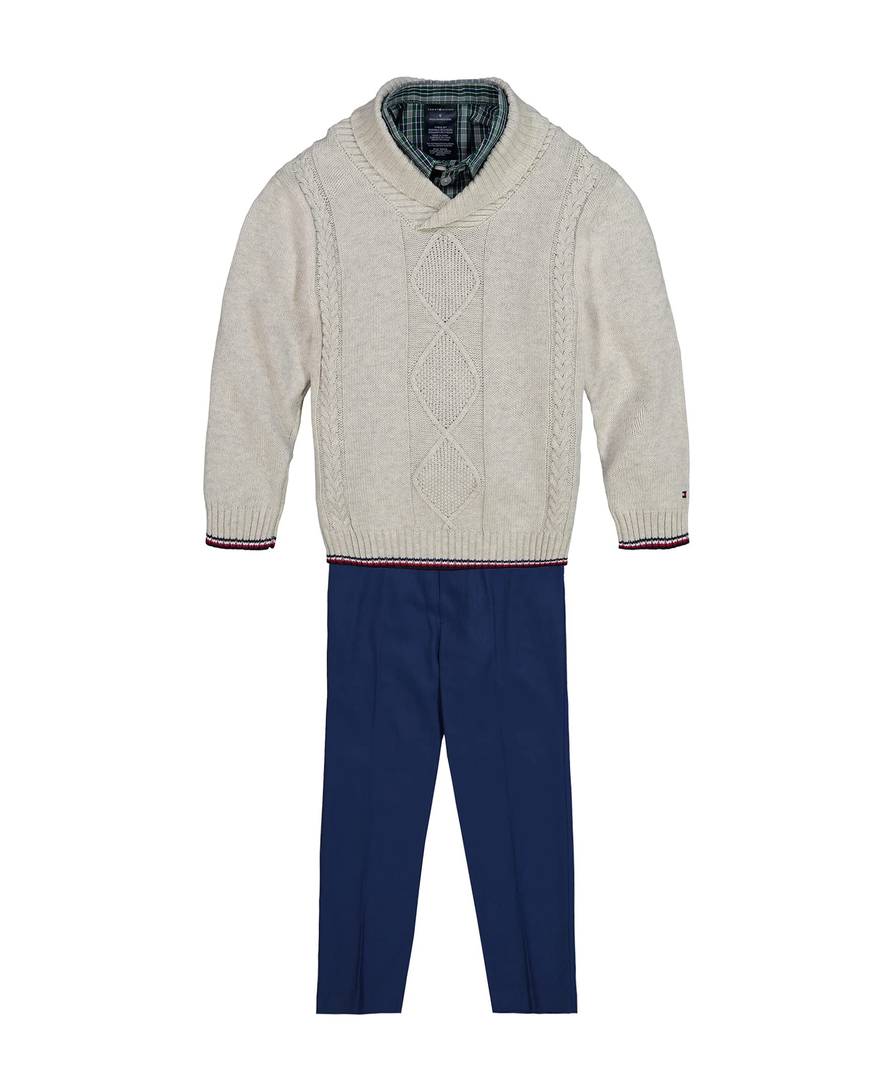 Tommy Hilfiger Boys' 3-Piece Sweater Set, Matching Button-Down Shirt, Sweater & Pants, Oatmeal Plaid, 0-3 Months