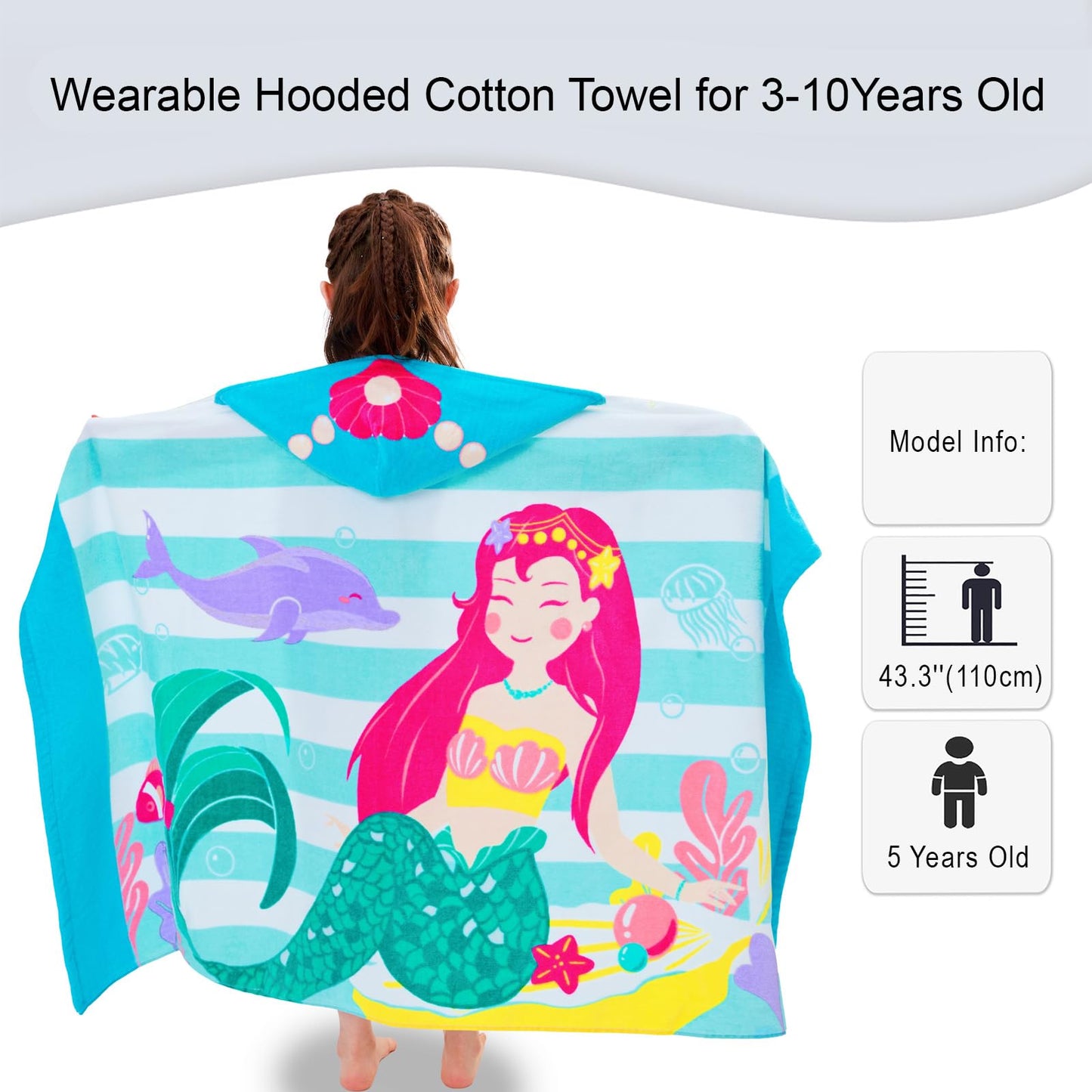 Voova & Movas Mermaid Towels With Hood,Cotton Soft Thick,For 3-10 Years, Hooded Towel For Kids Girls, Perfect For Beach, Pool, B