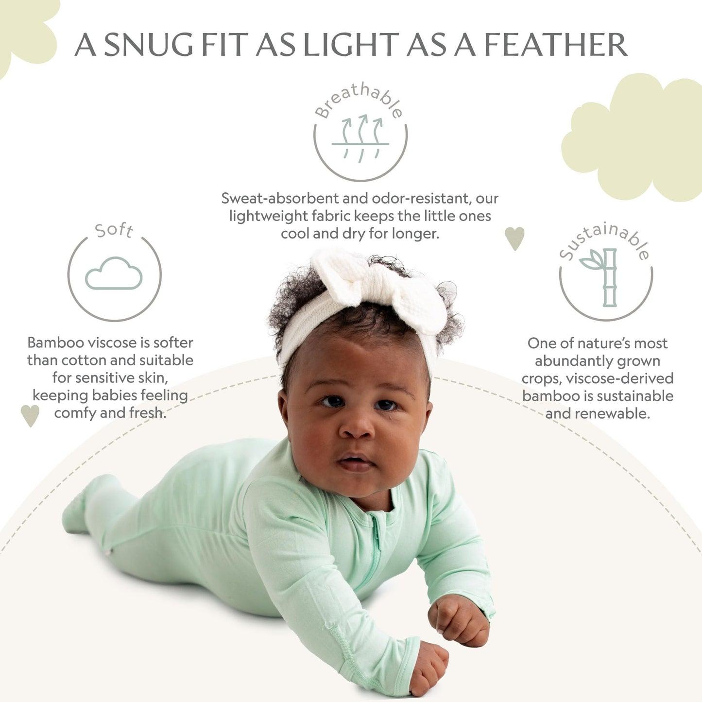 Gossamer Green Footie For Baby - 95% Viscose From Bamboo, 5% Spandex - Soft Newborn Sleepwear, Baby Pajamas, Unisex Baby Clothes