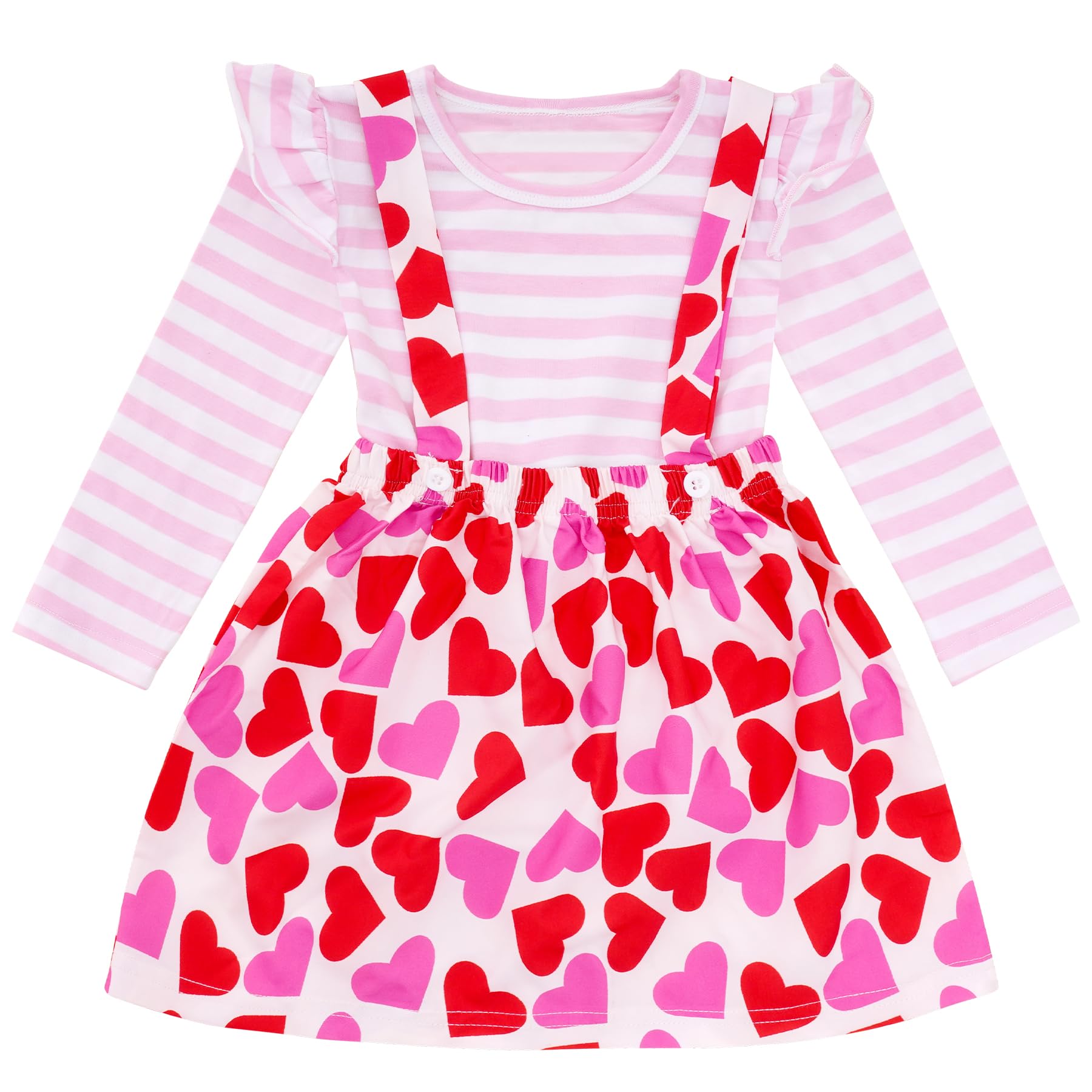 Hoyuwak Outfit For Toddler Pink Ruffled Long Sleeve Striped Shirt Top And Heart Printed Skirt Set For Valentine'S Day