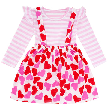 Hoyuwak Outfit For Toddler Pink Ruffled Long Sleeve Striped Shirt Top And Heart Printed Skirt Set For Valentine'S Day