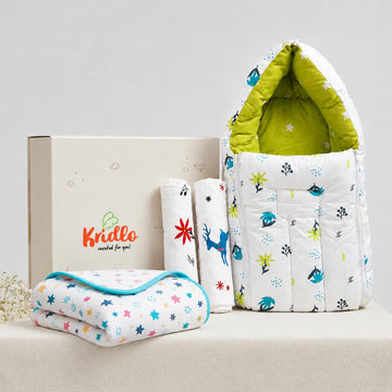 Kridlo New Born Baby Sleeping Bag with 2 Swaddles and Blanket | 06 Months | Pack of 4 | New Born Baby Essentials |