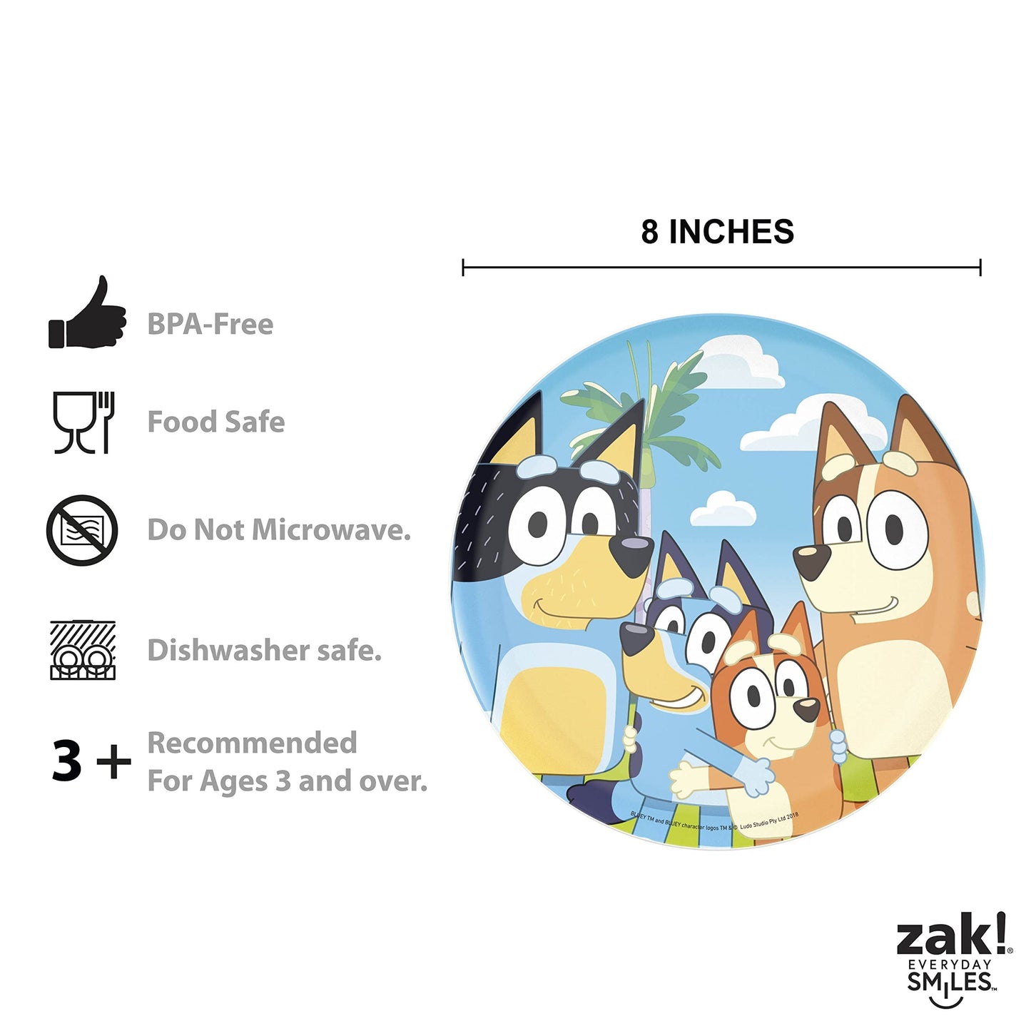 Zak Designs 5-Piece Dinnerware Set, Bluey - Durable Plastic & Stainless Steel - Includes Tumbler, 8-Inch Plate, 6-Inch Bowl, For
