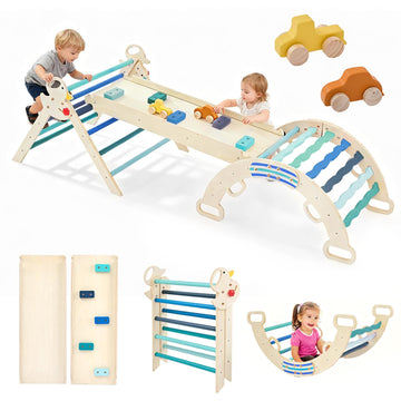 DUMOS Pikler Triangle Set, Toddler Climbing Toys and Play Structure Indoor, 9-in-1 Wooden Montessori Climbing Set with Arch, Ram