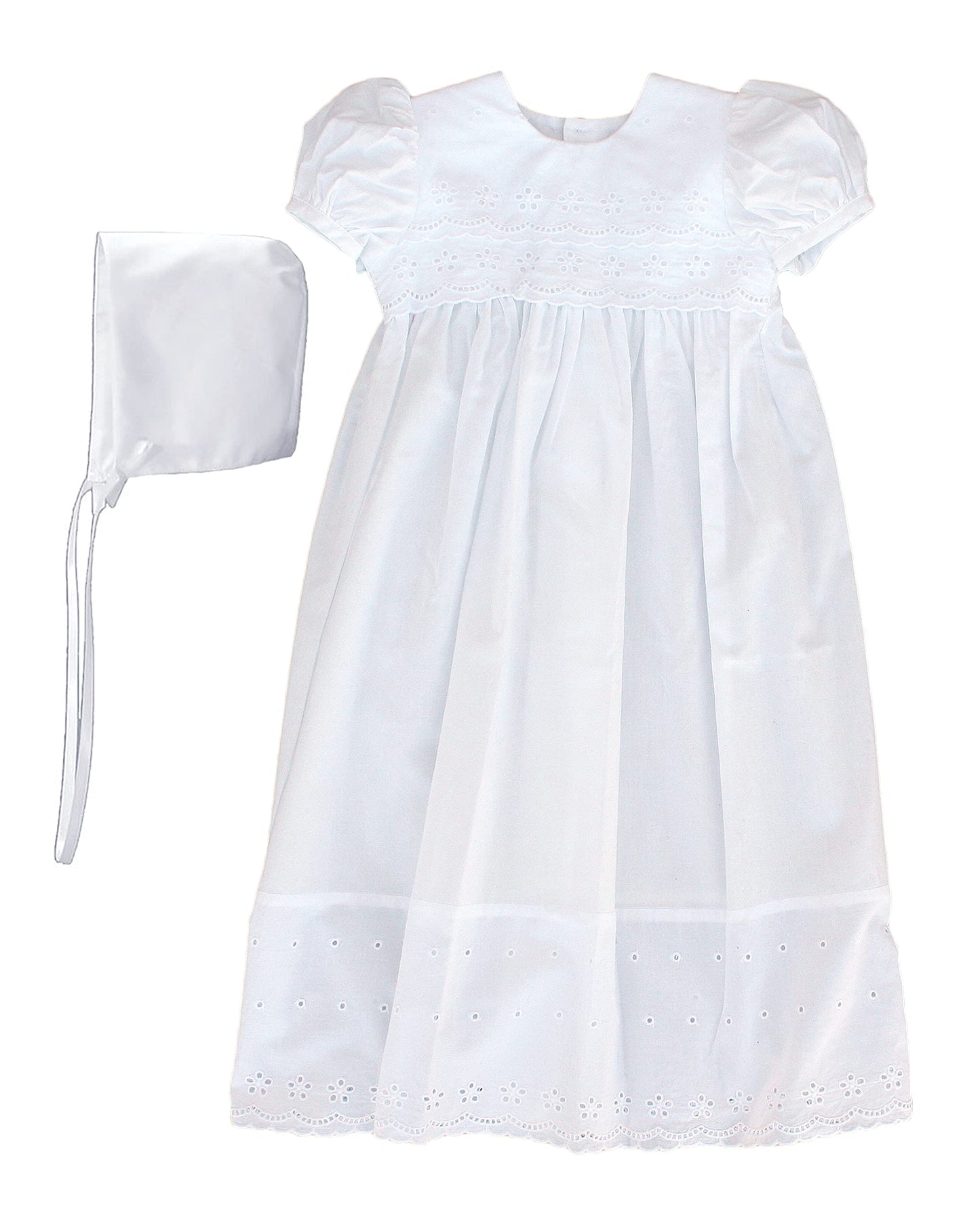 White Cotton Christening Baptism Gown With Lace Border With Bonnet - 24 Month