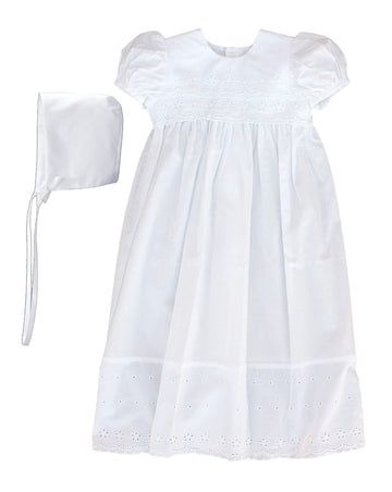 White Cotton Christening Baptism Gown With Lace Border With Bonnet - 24 Month